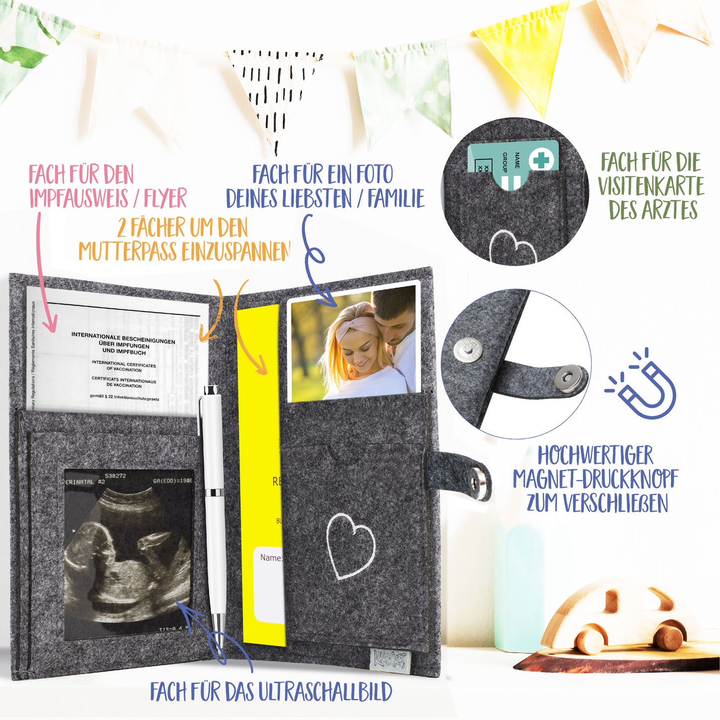 (AT) KNECKES – Edle Mutter-Kind-Pass-Hülle Filzdesign (grau) für Österreich | mit vielen Fächern für Ultraschallbild, Versichertenkarte, Impfpass etc. | tolles Geschenk