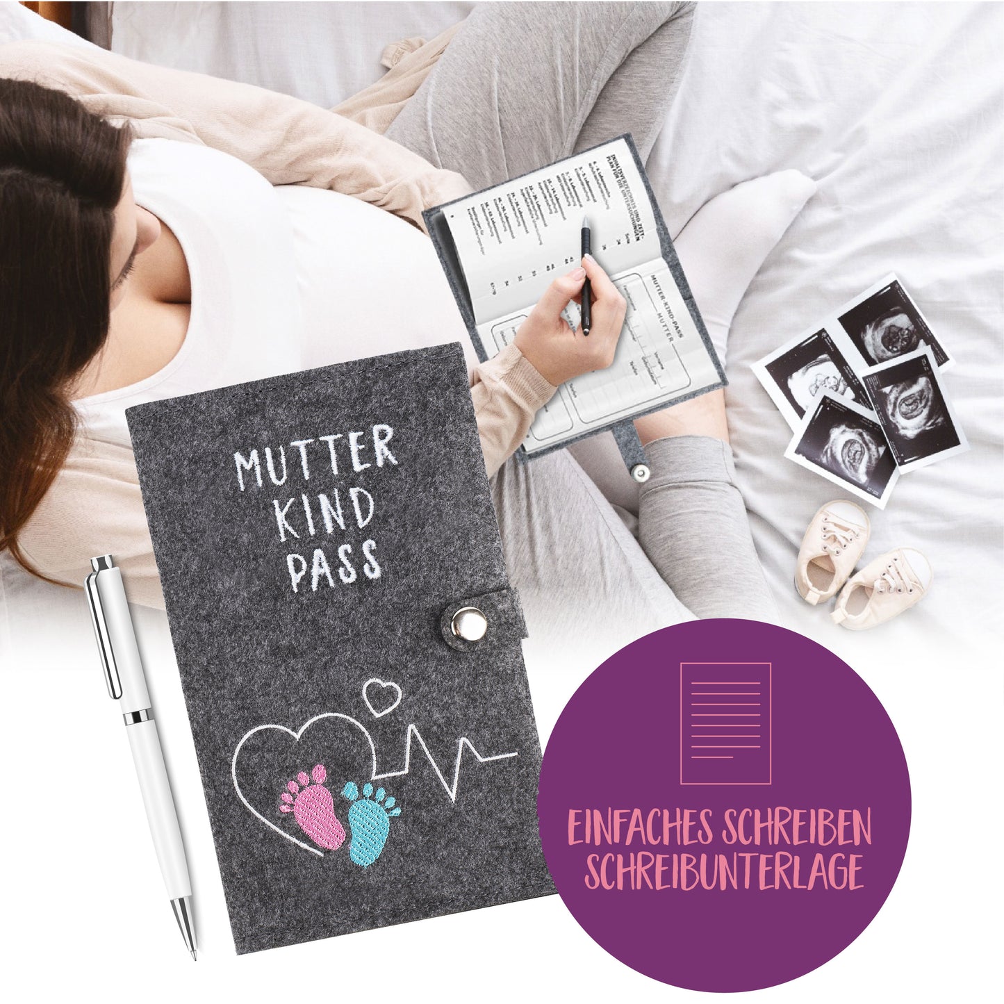(AT) KNECKES – Edle Mutter-Kind-Pass-Hülle Filzdesign (grau) für Österreich | mit vielen Fächern für Ultraschallbild, Versichertenkarte, Impfpass etc. | tolles Geschenk
