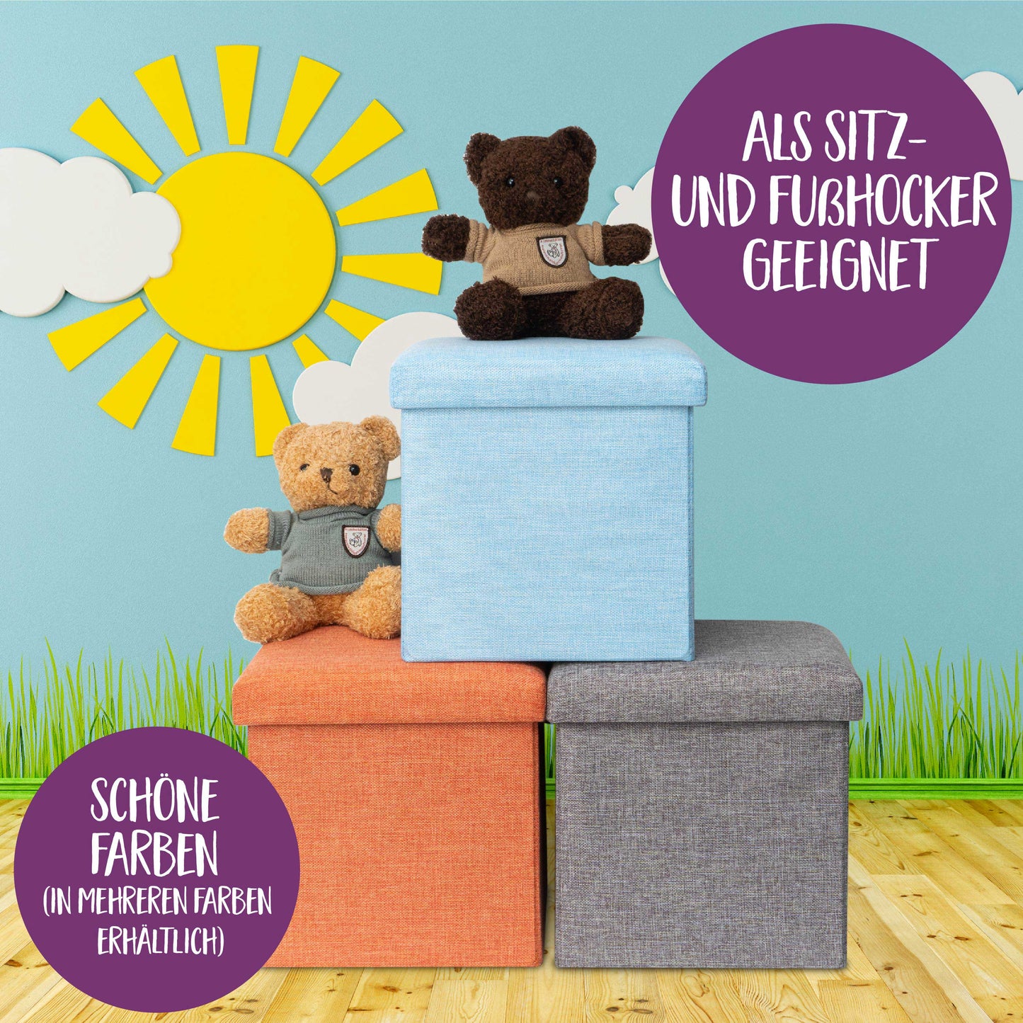 KNECKES Hochwertiger Kinderhocker & Sitzhocker (30x30x30cm) | ideal für Kinder als Kinderzimmermöbel | Hocker zusammenfaltbar