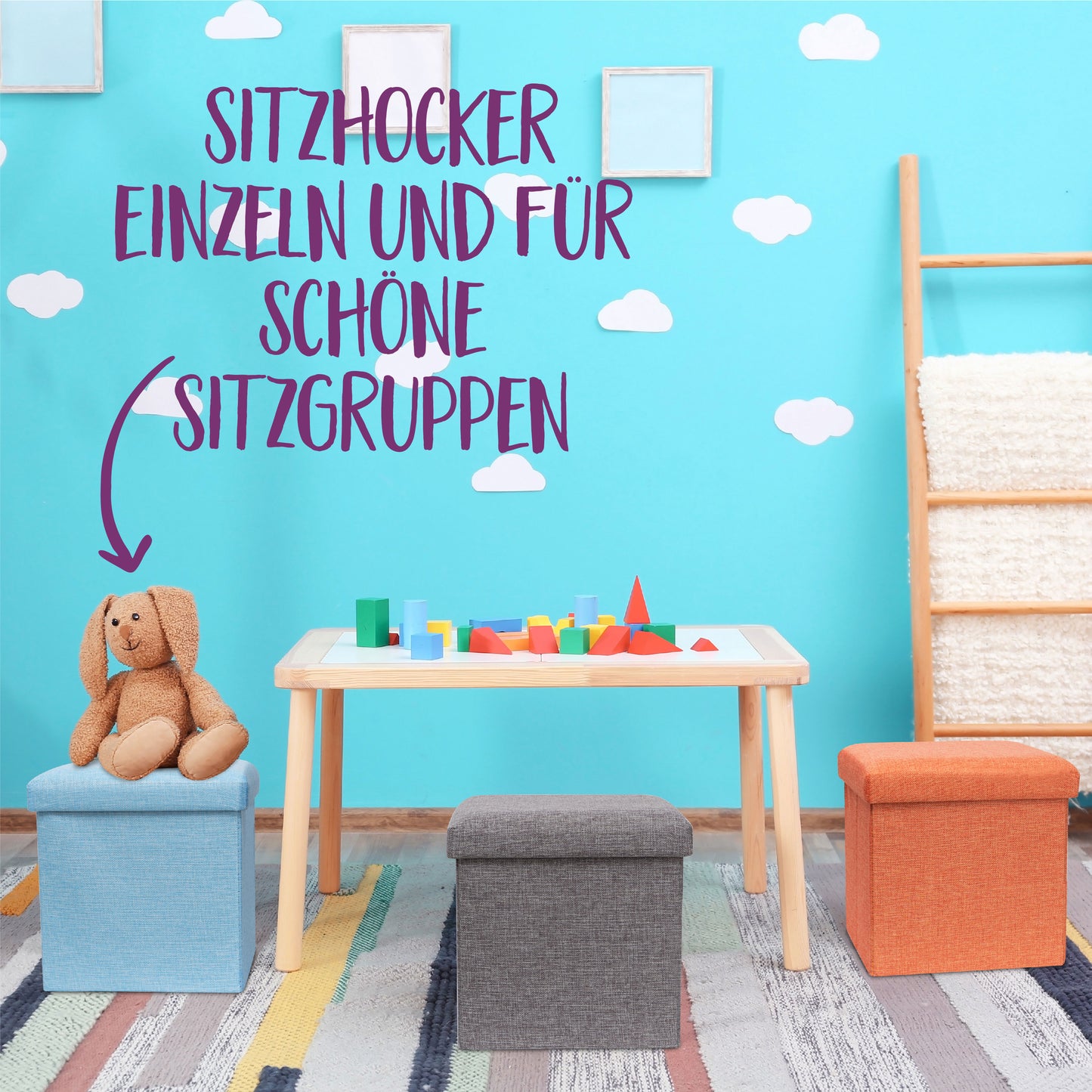 KNECKES Hochwertiger Kinderhocker & Sitzhocker (30x30x30cm) | ideal für Kinder als Kinderzimmermöbel | Hocker zusammenfaltbar