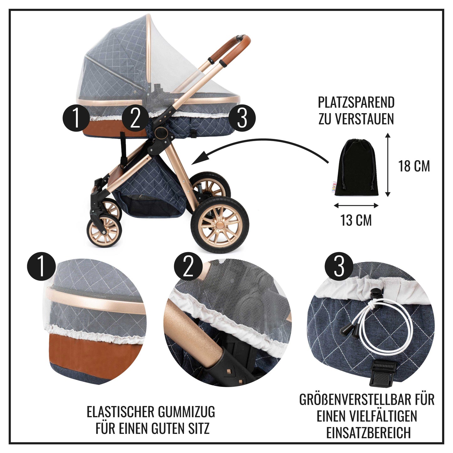 KNECKES Universal Moskitonetz / Insektenschutz (weiß) für Kinderwagen, Maxi Cosi, Buggy, Babytrage, und Babybett (weiß) | größenverstellbar | fester Sitz | feines Netzgewebe