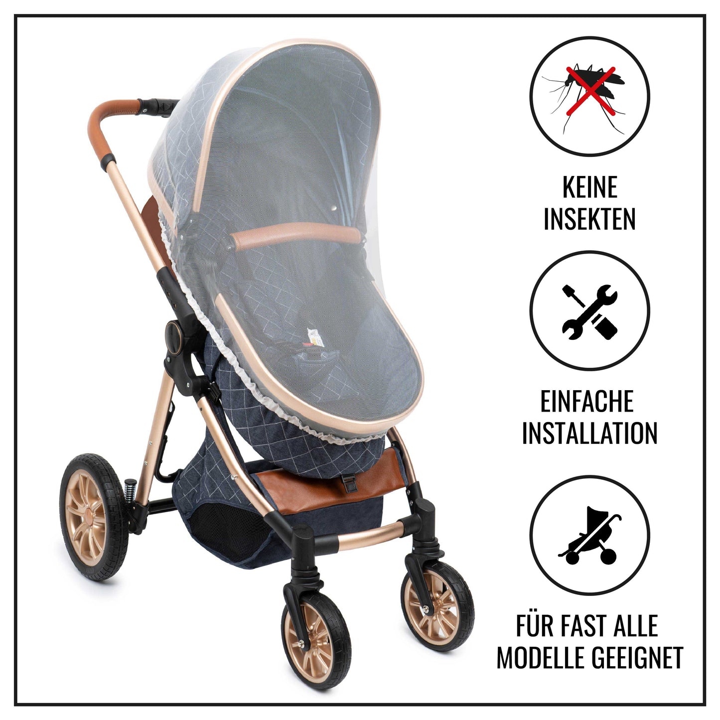 KNECKES Universal Moskitonetz / Insektenschutz (weiß) für Kinderwagen, Maxi Cosi, Buggy, Babytrage, und Babybett (weiß) | größenverstellbar | fester Sitz | feines Netzgewebe