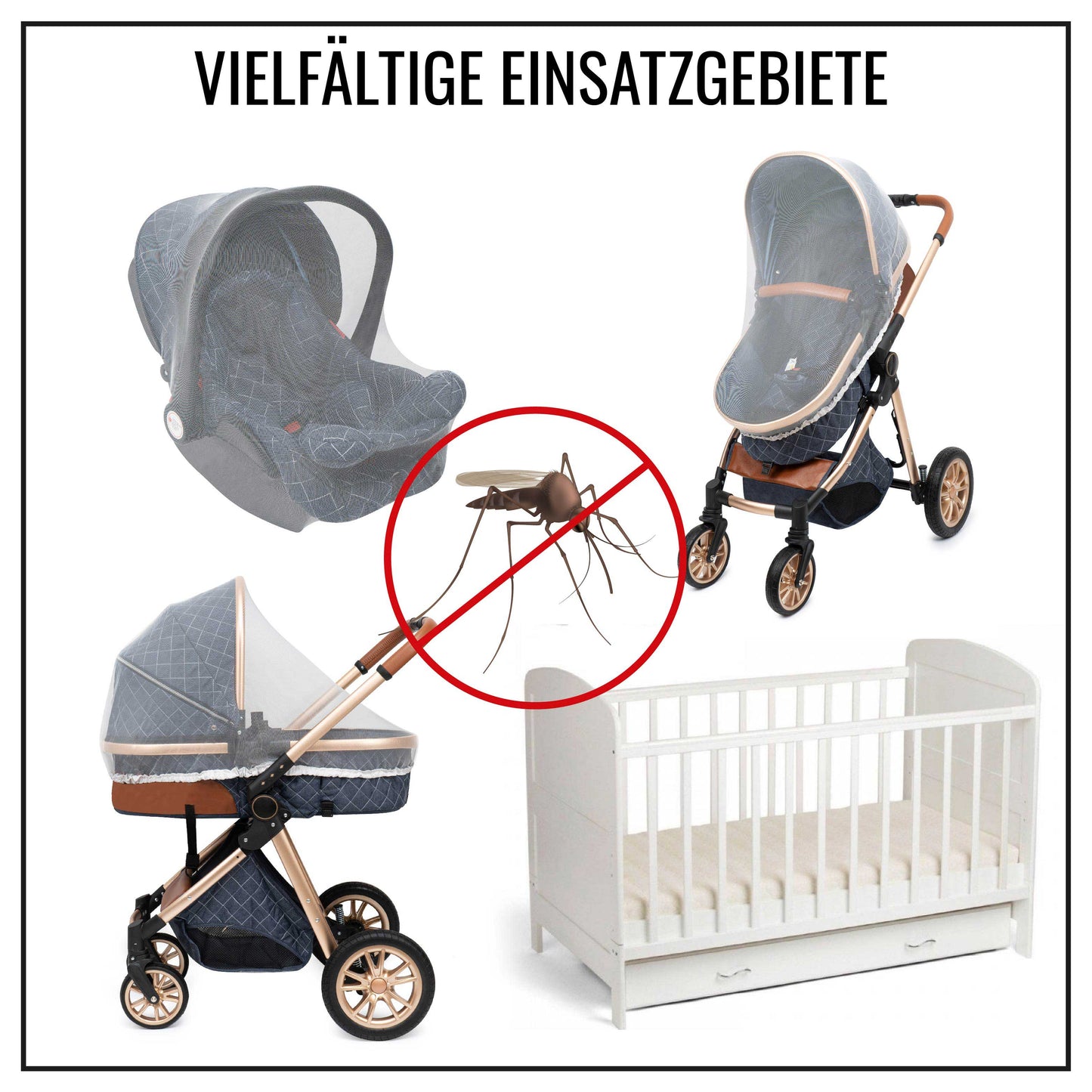 KNECKES Universal Moskitonetz / Insektenschutz (weiß) für Kinderwagen, Maxi Cosi, Buggy, Babytrage, und Babybett (weiß) | größenverstellbar | fester Sitz | feines Netzgewebe