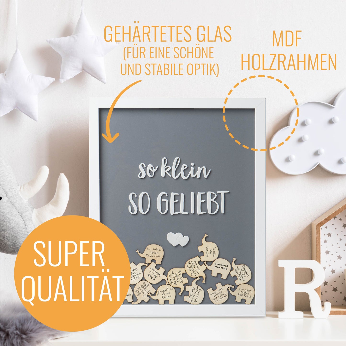 KNECKES Wünsche Bilderrahmen als Gästebuch und tolle Erinnerung | Deko Baby-Party Mädchen und Jungen | die Baby-Shower Deko der etwas anderen Art