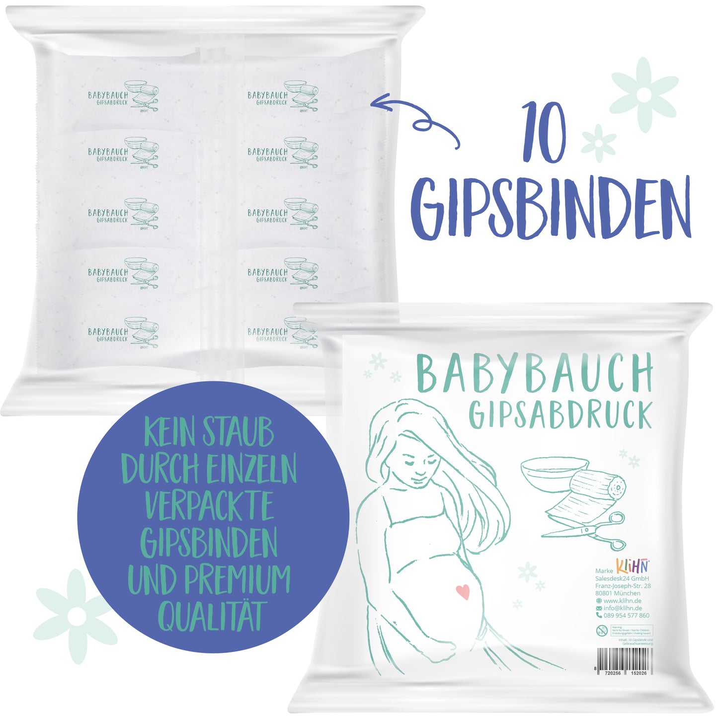 Original KNECKES – Babybauch Gipsbinden / Gipsabdruck-Set (10 Rollen / je 10 x 300 cm)