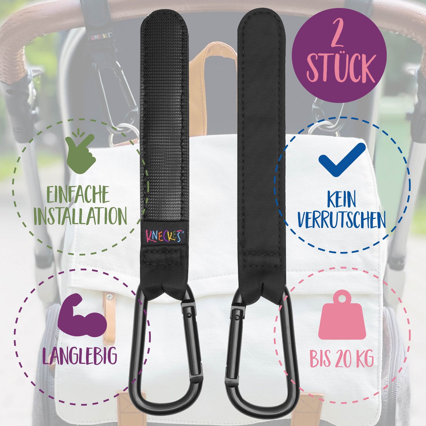 KNECKES Stabiler Kinderwagenhaken/Stroller Hooks (2er Set Tragkraft 40 kg) Klettverschluss