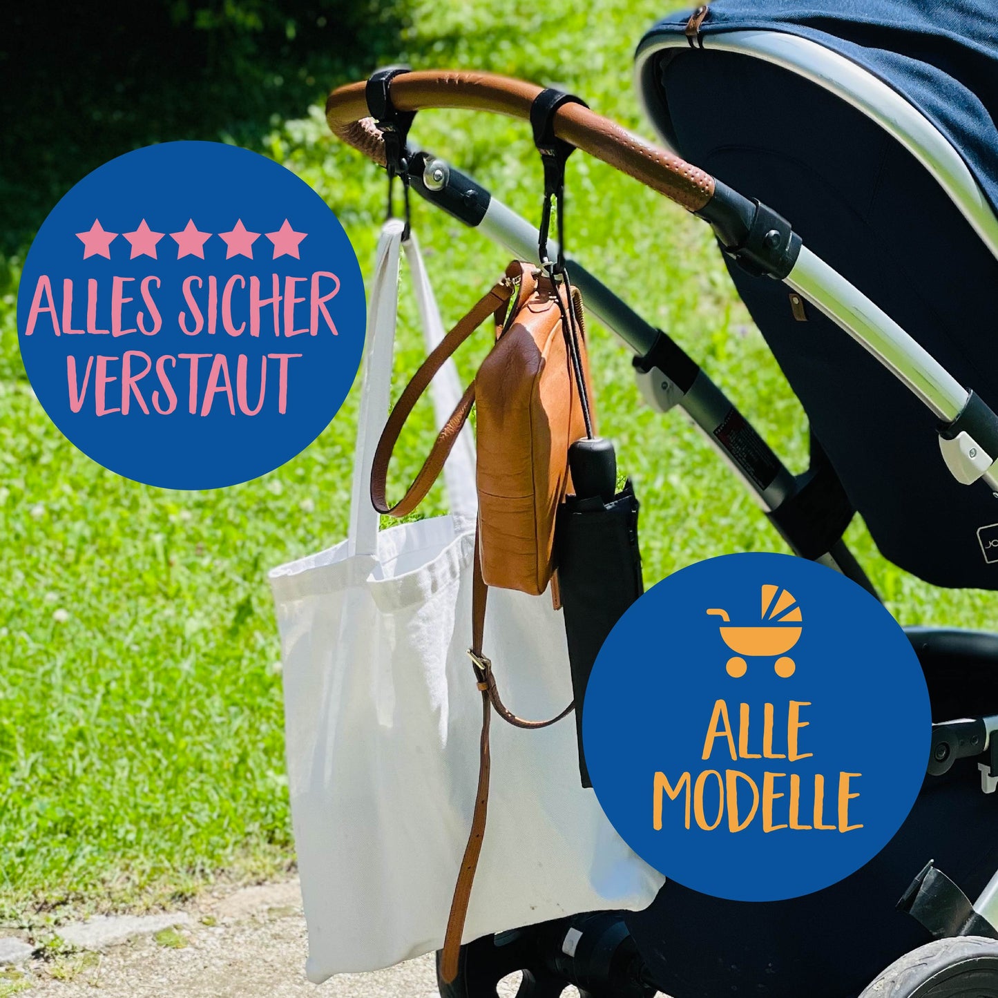 KNECKES Stabiler Kinderwagenhaken/Stroller Hooks (2er Set Tragkraft 40 kg) Klettverschluss