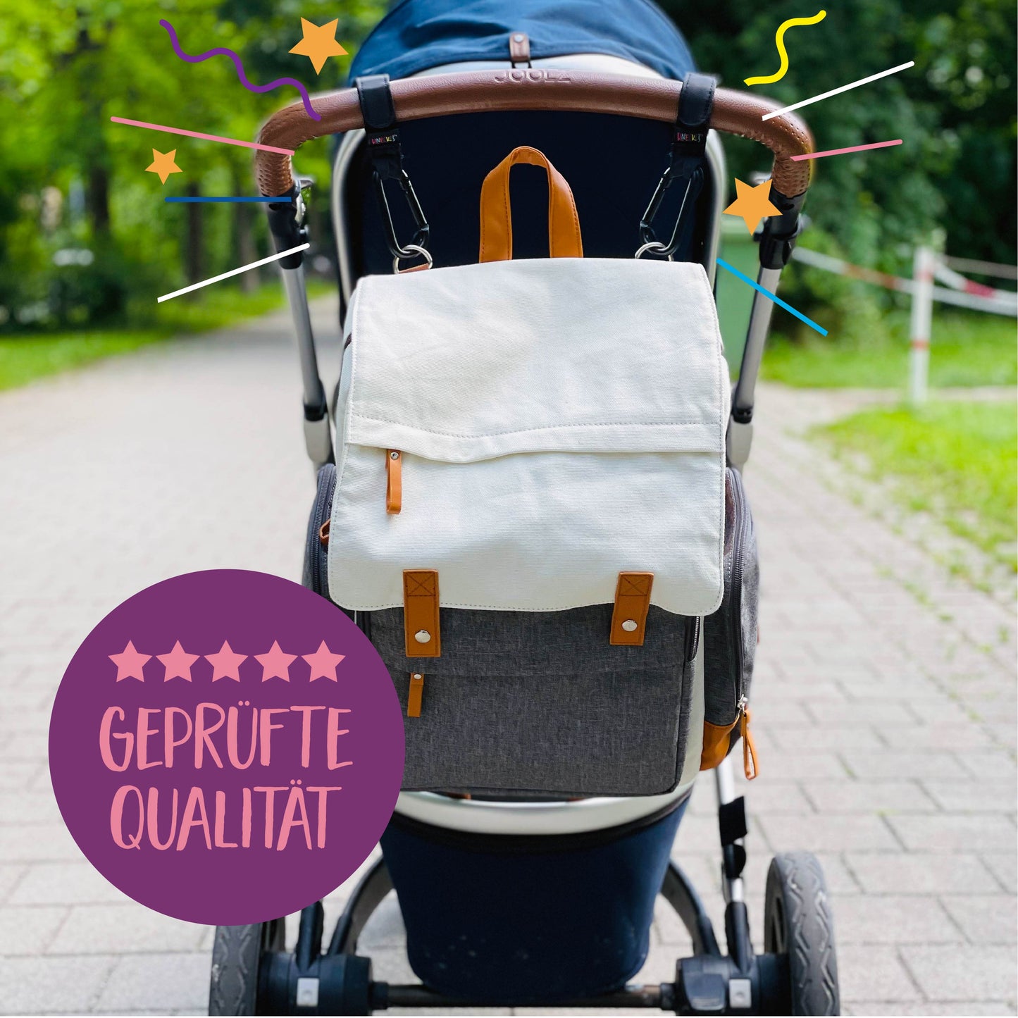 KNECKES Stabiler Kinderwagenhaken/Stroller Hooks (2er Set Tragkraft 40 kg) Klettverschluss