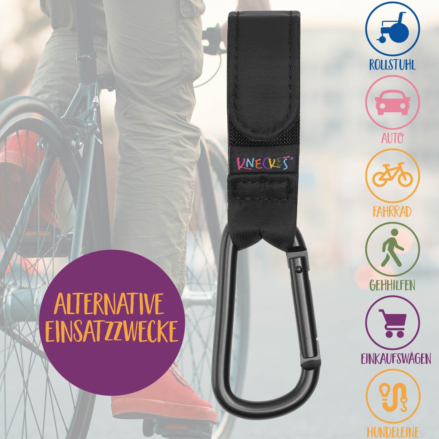 KNECKES Stabiler Kinderwagenhaken/Stroller Hooks (2er Set Tragkraft 40 kg) Klettverschluss